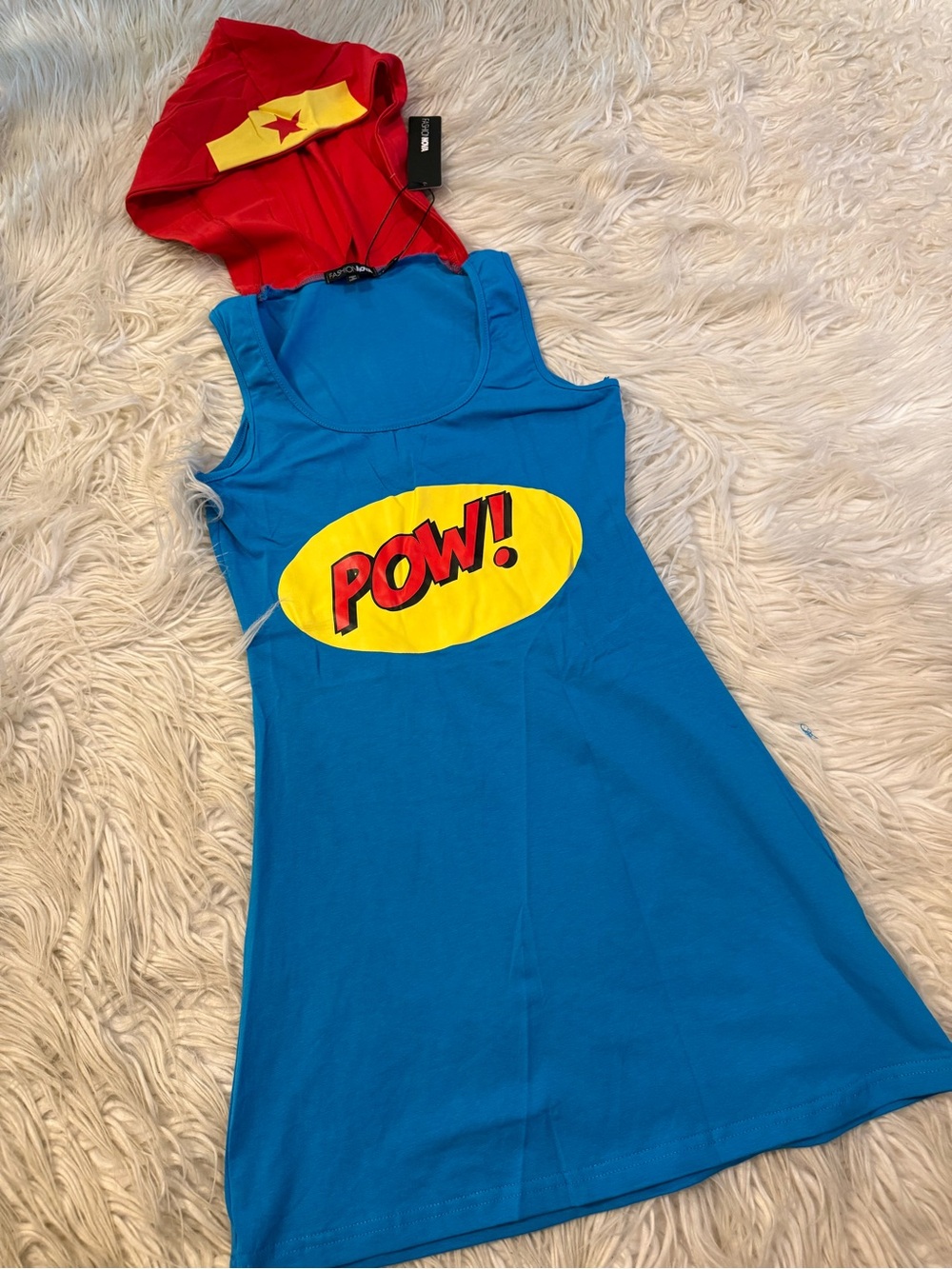 Womens Superhero POW! Dress Costume with Red Hood (E8)
